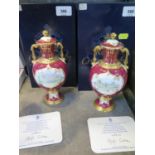 A pair of Royal Crown Derby limited edition vases with lids, painted by Joan Lee, depicting Harewood