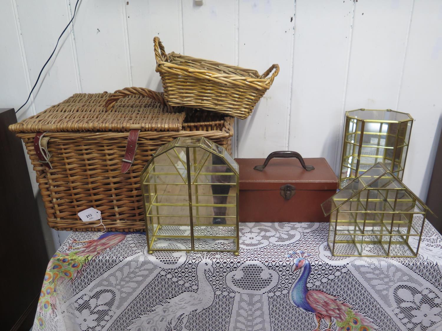 A wicker hamper 50cm, wicker basket , small leatherette travel case and three mirrored glass brass