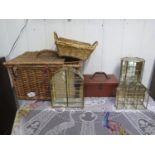 A wicker hamper 50cm, wicker basket , small leatherette travel case and three mirrored glass brass