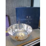 A silver plated bowl on a single foot by Mappin & Webb, with original box