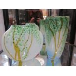 Two Siddy Langley Art Glass vases, both with tree design on a white ground, one with etched