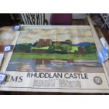 An LMS railway poster of Rhuddlan Castle, after Norman Wilkinson, 127 x 102 cm (slight tears and