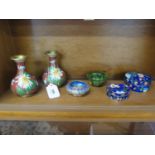 A collection of Cloisonne comprising pair of small vases, two lidded boxes and two small bowls