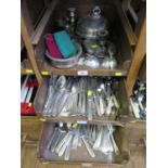 A collection of silver plate to include a wine coaster, two handwarmers, etc (3 trays)