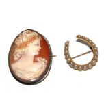 A gold coloured metal pearl set brooch together with a shell cameo depicting a lady