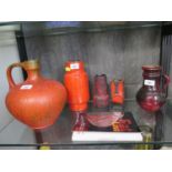 Five West German fat lava vases in red glazes, including Scheurich Keramik blood red and black