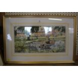 Geoffrey Ainley Hartley Witney-Hampshire duck pond watercolour signed 23.5cm x 46cm