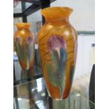 An Okra Glass vase by Dave Barras, 'Samarkand', the orange glass with pink flowers and green