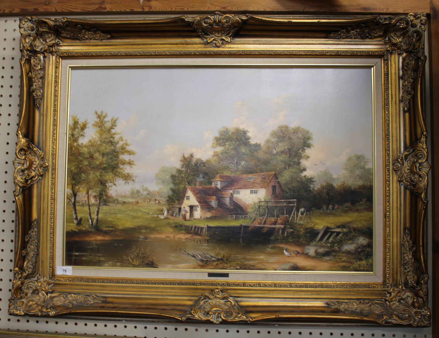 T.K. Douglas Farmhouse by a river oil on canvas signed 50 x 75 cm