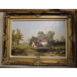 T.K. Douglas Farmhouse by a river oil on canvas signed 50 x 75 cm