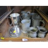 Seven assorted pewter mugs, including an Arthur Price tankard and a set of coasters.