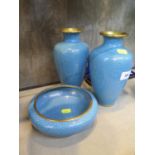 A pair of blue ground cloisonné vases, 20 cm high, and a matching bowl, 17 cm diameter (3)