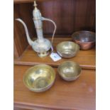 Three vintage Cairo ware brass bowls with hand applied silver and copper decoration and a copper