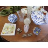 A Royal Doulton Snowman plate, glass vases, blue and white ceramics and lighters