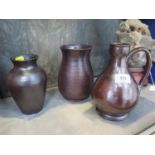 Three Silchesterware brown glaze vases, including one with a handle, impressed marks for S&E Collier