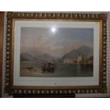 19th century Figures on a boat in an Italian lake landscape lithograph highlighted with colour and