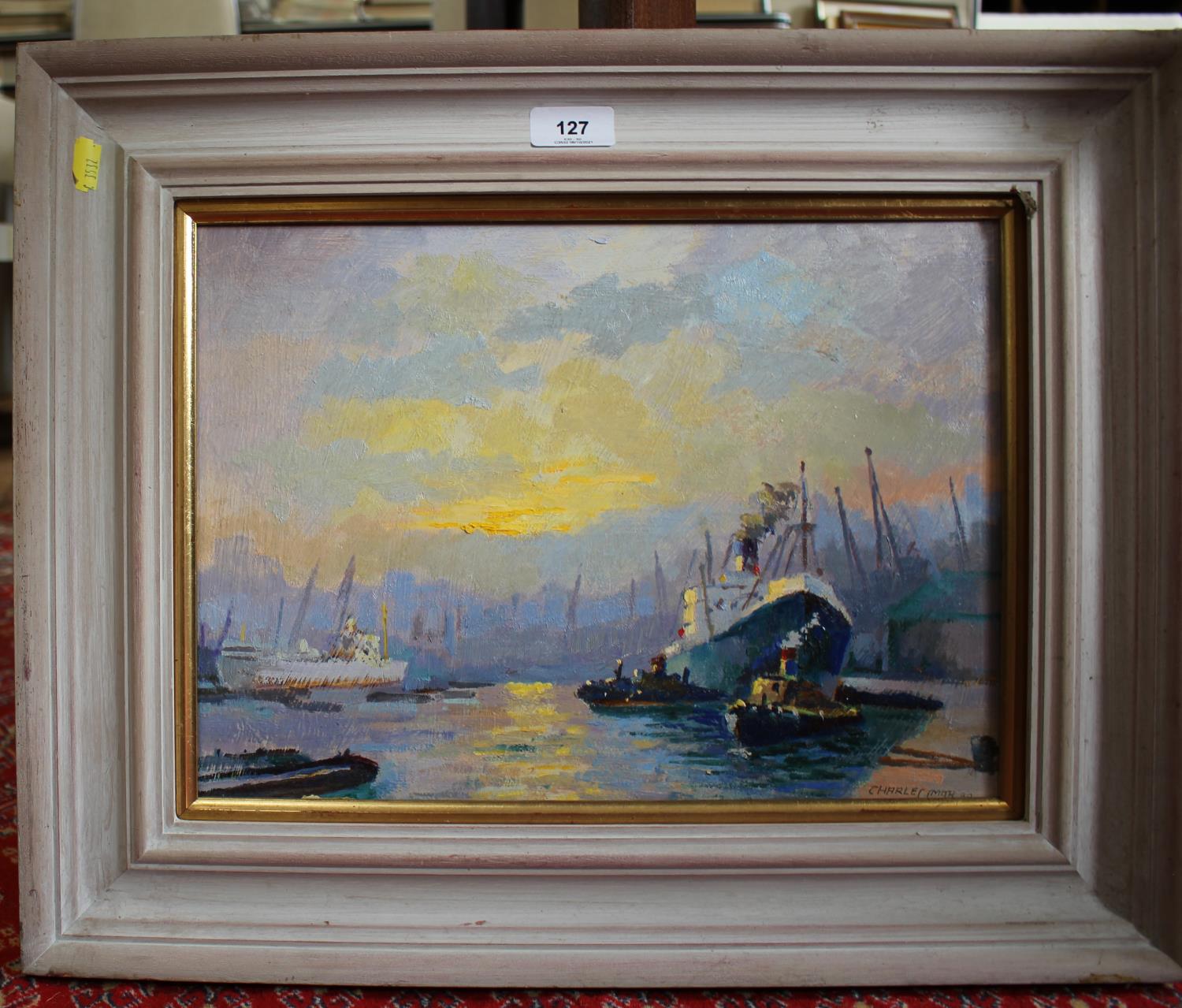 Charles Smith London Docks oil on board signed 27 x 38 cm