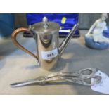 A pair of silver plated grape scissors and a small coffee pot