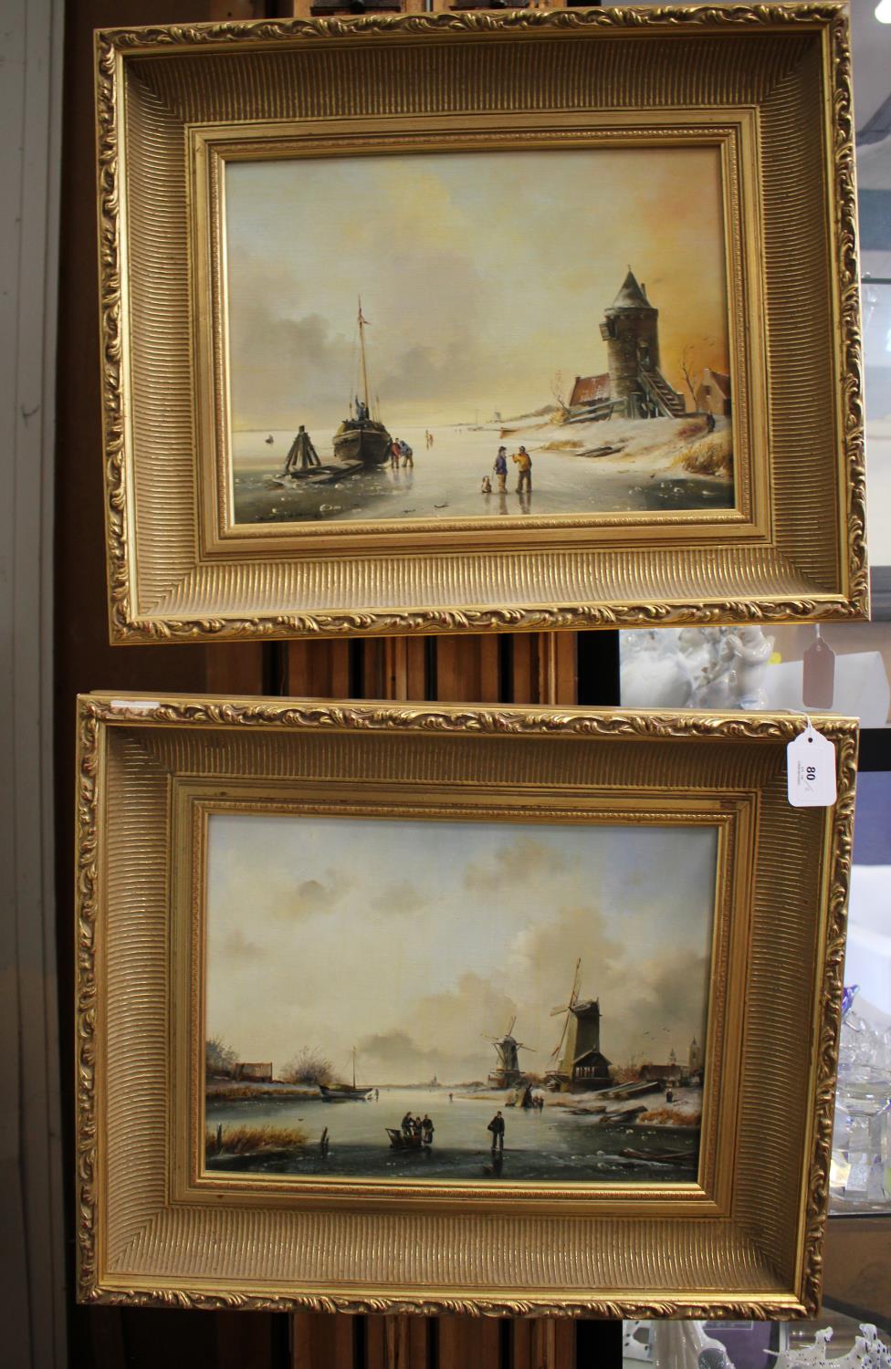 Paul G. Wilson A pair of Dutch style winter riverscapes oil on canvas signed and dated '82 29 x 39