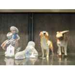 A Lladro figure of a girl with a basket of flowers, a Beswick figure of a Labrador, and two other