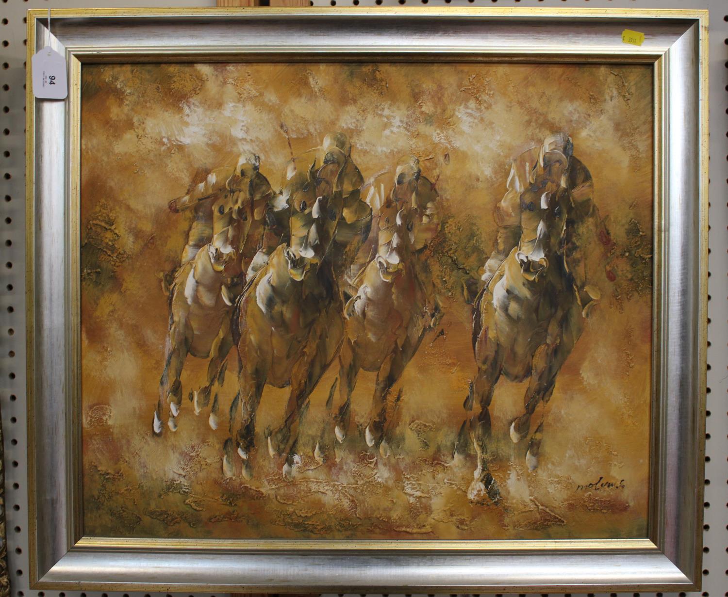 Late 20th century Four horses racing oil on canvas indistinctly signed 51 x 61 cm