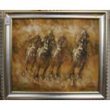 Late 20th century Four horses racing oil on canvas indistinctly signed 51 x 61 cm