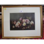 20th century Study of pink and white dog roses oil on board unsigned 25cm x 36cm