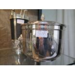 A silver plated ice bucket, modern, with detachable cover and interior liner 14cm high