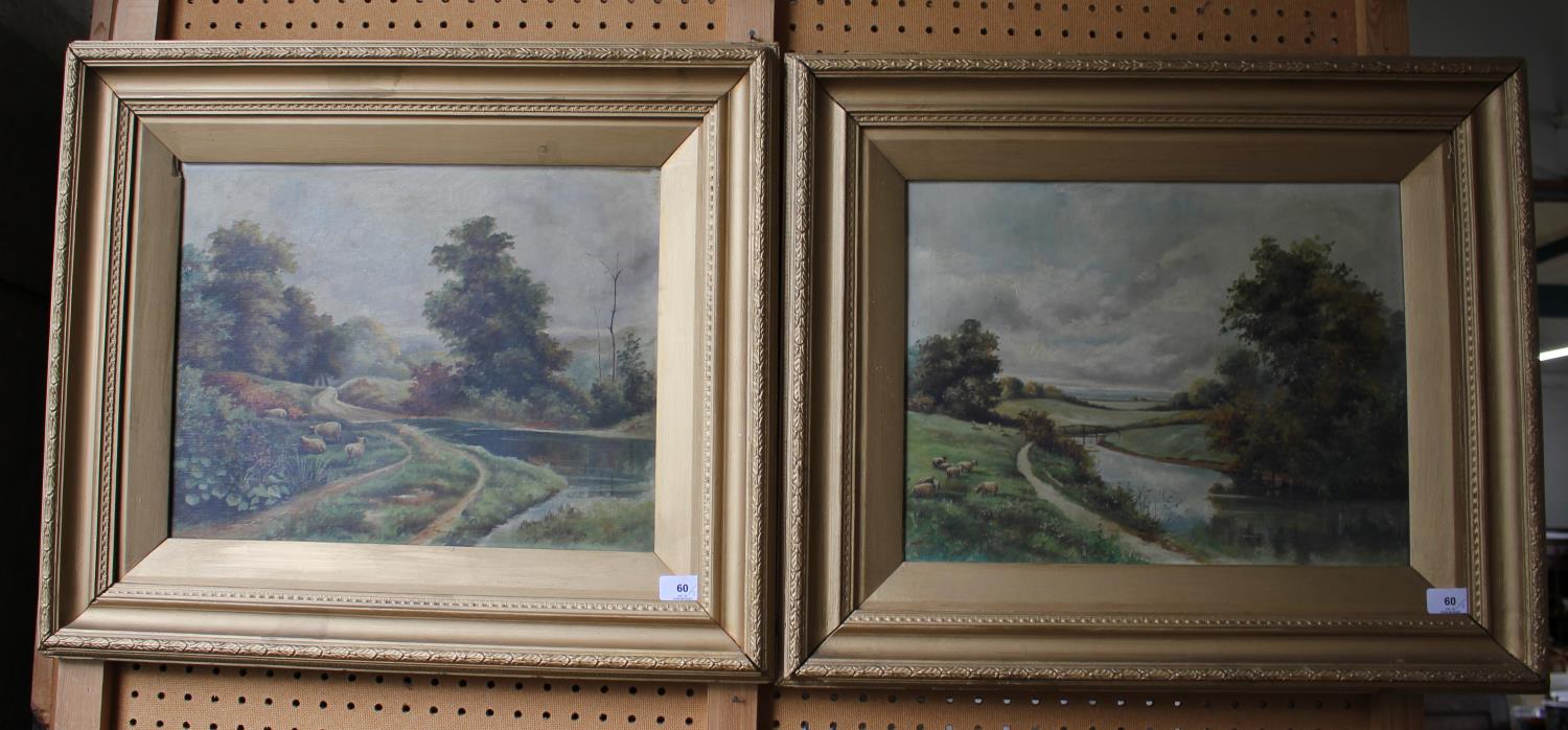 Late 19th century English School A pair of pastoral landscapes oil on canvas unsigned 34 x 44 cm and - Image 2 of 2