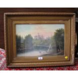 J.E. Macklin Fishing on a river with castle beyond oil on board signed 30 x 46 cm