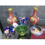A collection of Cloisonne comprising pair of small vases, two lidded boxes and two small bowls