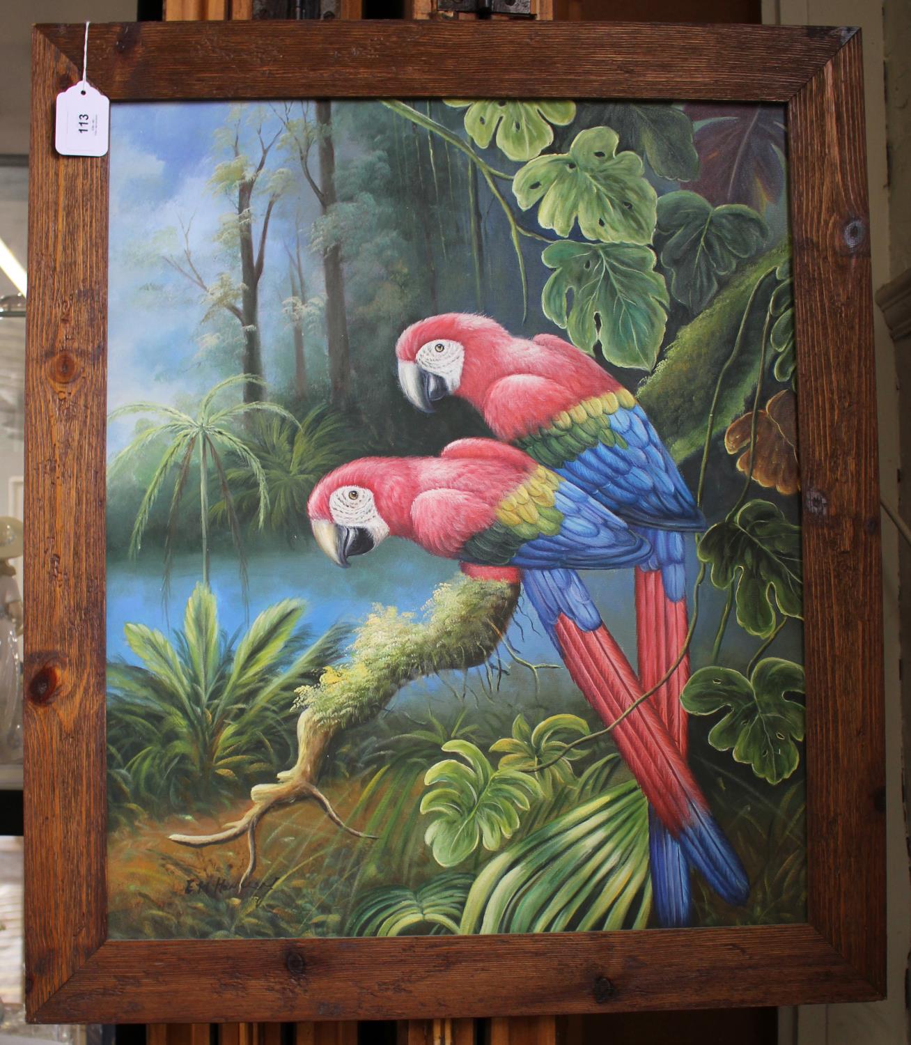 E.H. Harvey Two parrots perched in a tropical setting acrylic on canvas signed 60 x 50 cm