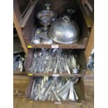 A collection of silver plate to include a wine coaster, two handwarmers, etc (3 trays)