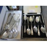 Two sets of six EPNS coffee spoons, A cased set of silver plated tea spoons and a small collection