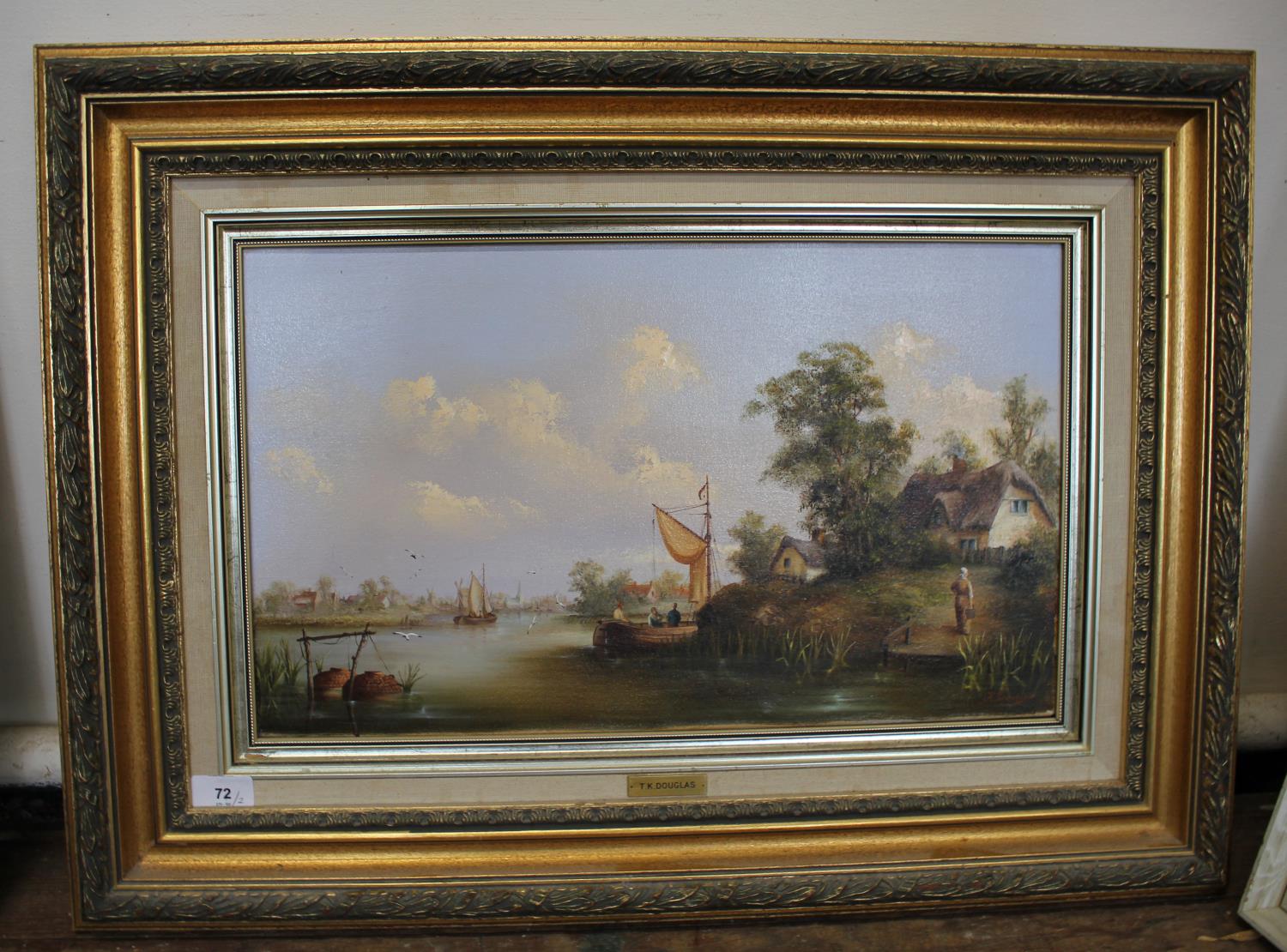 T.K. Douglas sailing vessels on rivers, in the Dutch style oil on canvas a signed pair 30 x 50 cm (