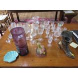 A set of six swag cut wine goblets, six brandy glasses, other drinking glasses and glassware, a