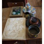 An Indian Sadeli picture frame, two brass vases, lacquer boxes, Chinese tablewares and a plaster