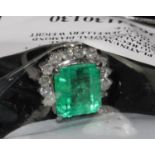 A Platinum emerald and diamond cluster ring. Emerald 4.00 ct. Diamond 1.00ct. Original WGI. Size K