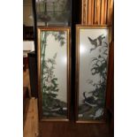 A pair of woven fabric pictures of geese and ducks in foliage, 91 x 26 cm (2)