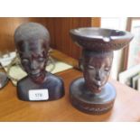 Two African tribal carved female busts, one with facial markings the other carrying a bowl fashioned