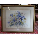 Kittie Middleton Still life of daisies and blue flowers watercolour and pencil signed 36 x 49 cm