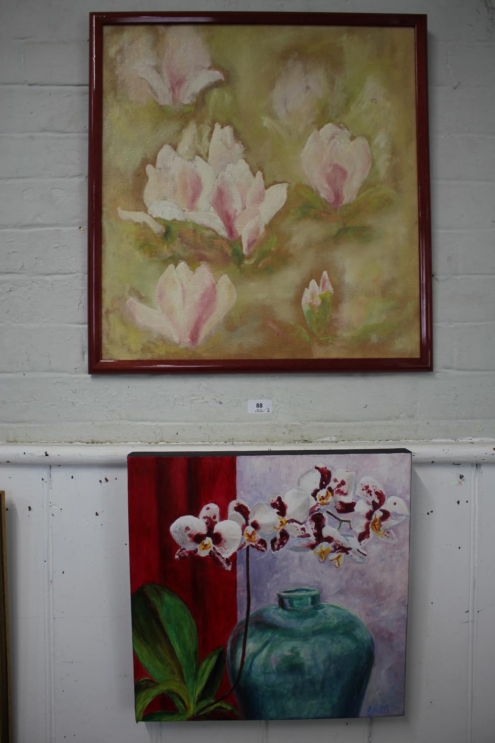 J.R. Downing, Magnolias, oil on board, 58 x 54cm, framed. J. R. Mynheer, Mei-Ping and Orchid,