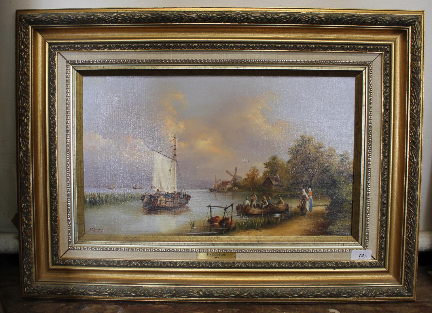 T.K. Douglas sailing vessels on rivers, in the Dutch style oil on canvas a signed pair 30 x 50 cm ( - Image 2 of 2