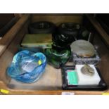 Various ashtrays, including tyre branded and coloured glass, table lighters and onyx box