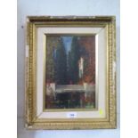 Manner of Tom Mostyn Figure on steps in a garden oil on panel 28 x 19 cm