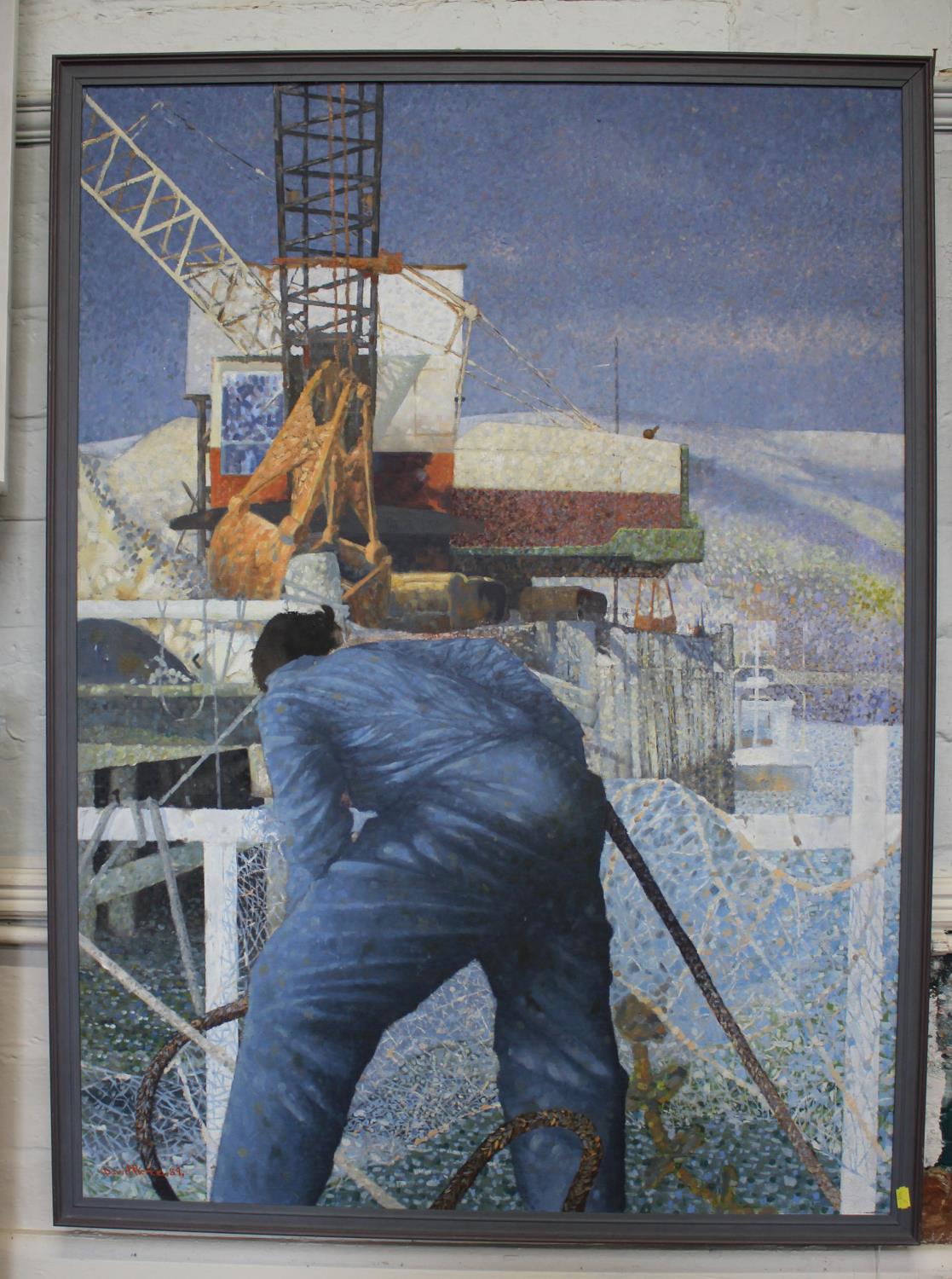 David Pierce Gathering the nets, with crane beyond oil on board signed and dated '89 122 x 88 cm