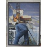 David Pierce Gathering the nets, with crane beyond oil on board signed and dated '89 122 x 88 cm