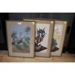 A Japanese painting of a squirrel among ferns, 36 x 24 cm, and a pair of similar paintings of