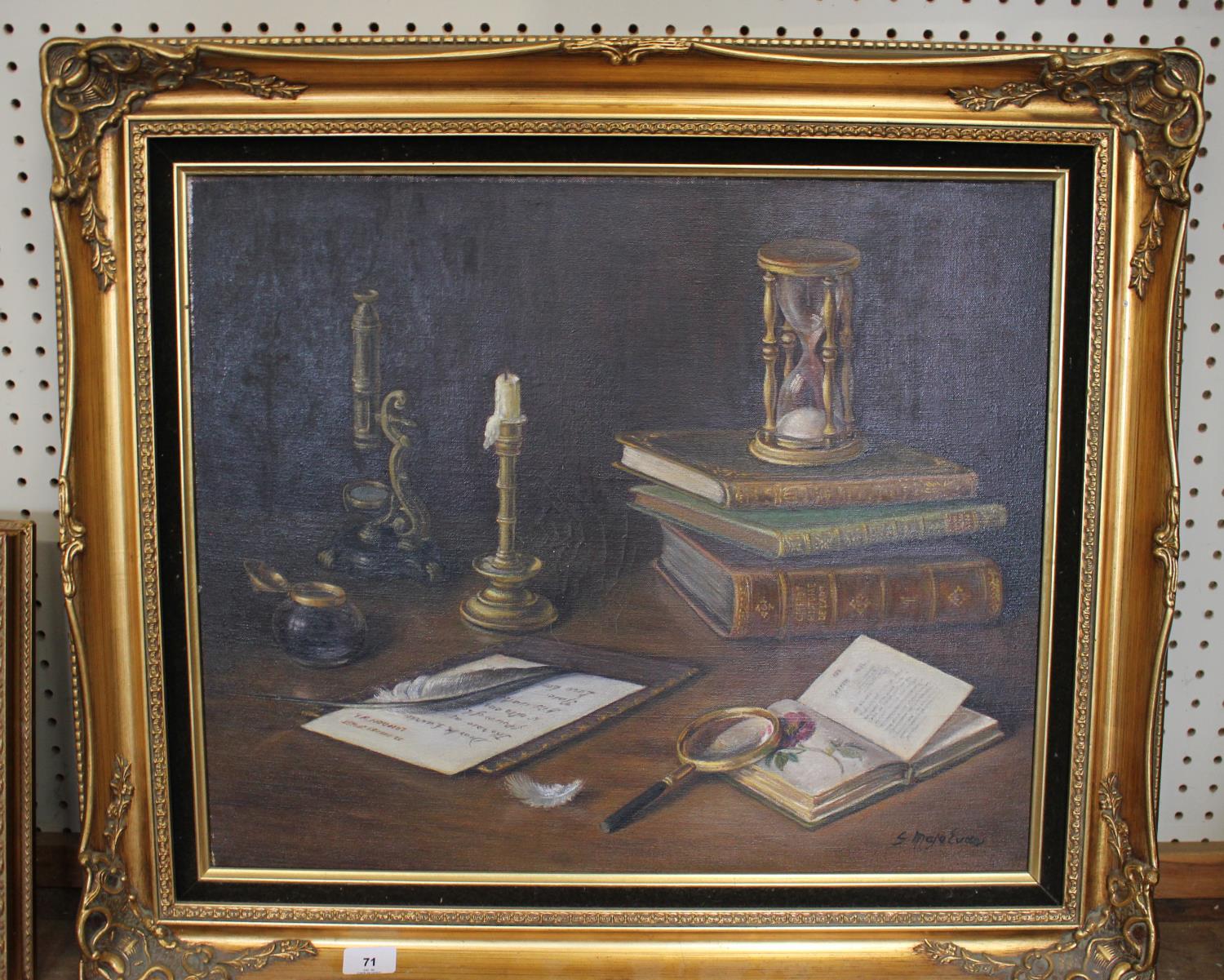 G. Maja Evans Still life of microscope and books oil on canvas signed, inscribed as a birthday