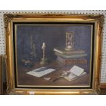 G. Maja Evans Still life of microscope and books oil on canvas signed, inscribed as a birthday